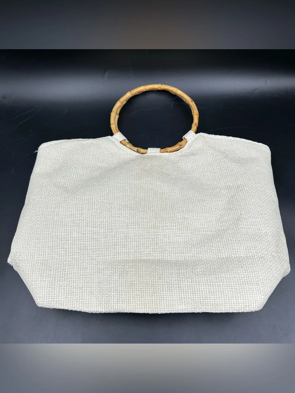 Vintage Bamboo Handle Handbag Blue White Straw Raffia Bow Beach Purse Bag